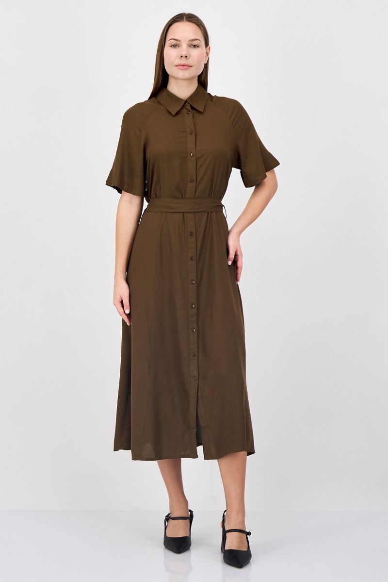 ANNE KLEIN فستان ميدي كاجوال نسائي سادة، بني - Image 1